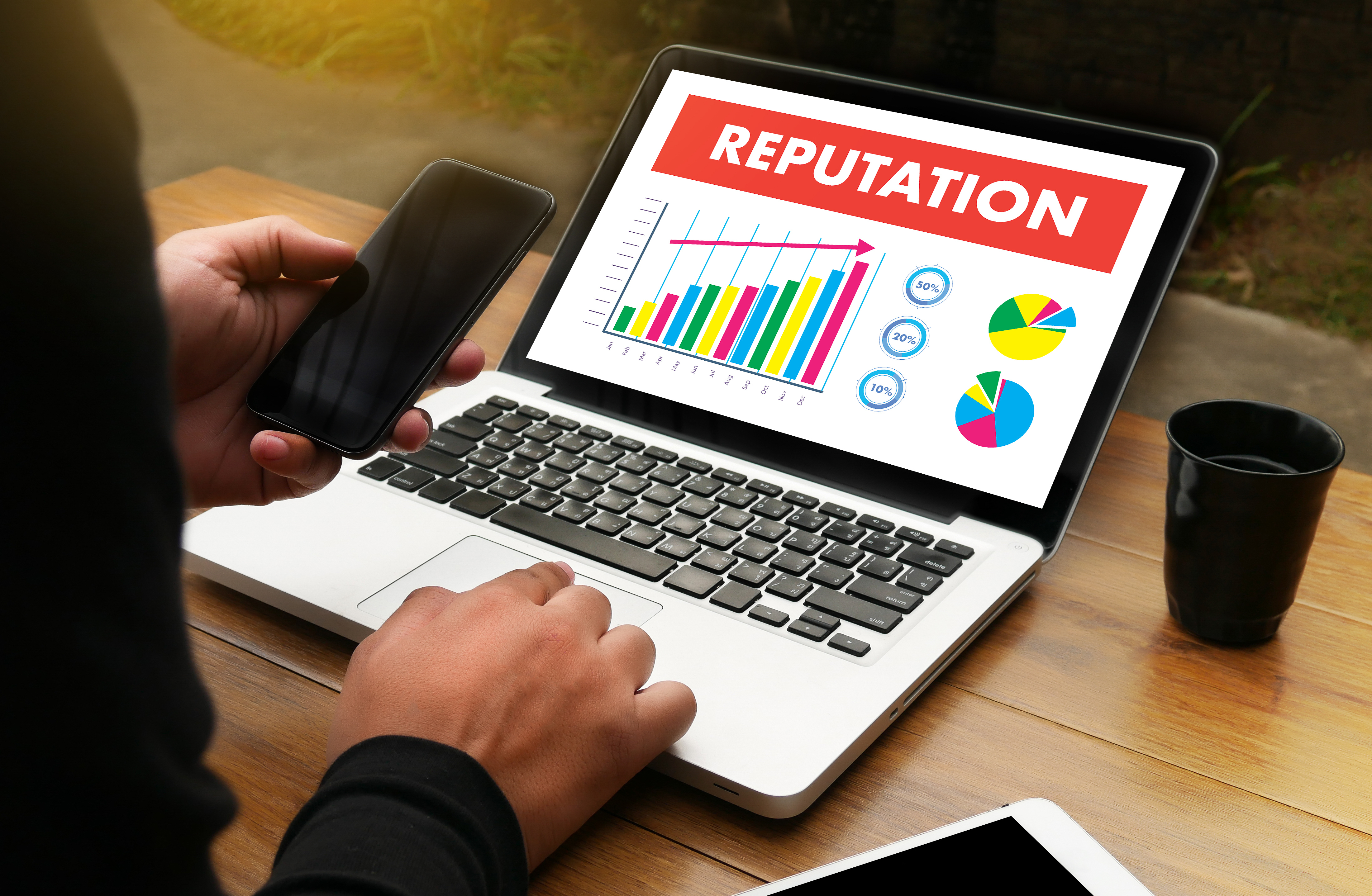 Person working on laptop, laptop screen displays different graphs including an increase in reputation